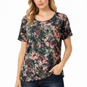 CRISTINA Knit Top L|XL Abstract Floral‎ Wool Cashmere Blend| Short Sleeve|NWT